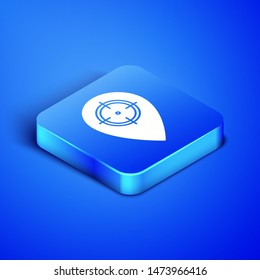 Isometric Hunt place icon isolated on blue background. Navigation, pointer, location, map, gps, direction, place, compass, contact, search. Blue square button. Vector Illustration