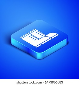 Isometric Hunter boots icon isolated on blue background. Blue square button. Vector Illustration