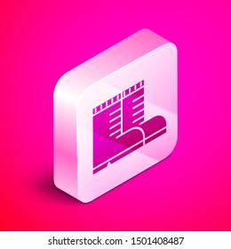 Isometric Hunter boots icon isolated on pink background. Silver square button. Vector Illustration
