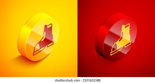 Isometric Hunter boots icon isolated on orange and red background. Circle button. Vector