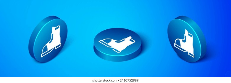 Isometric Hunter boots icon isolated on blue background. Blue circle button. Vector