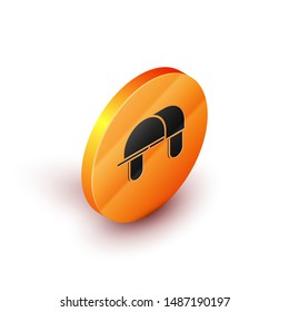 Isometric Hunter hat icon isolated on white background. Plaid winter hat. Orange circle button. Vector Illustration