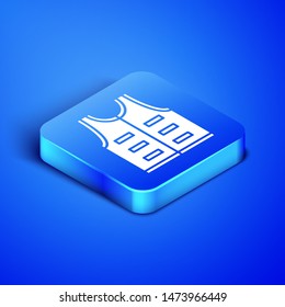 Isometric Hunting jacket icon isolated on blue background. Hunting vest. Blue square button. Vector Illustration