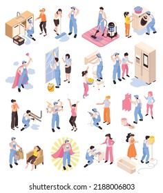 Isometric husband for an hour icons set with handymen repairing broken household isolated vector illustration