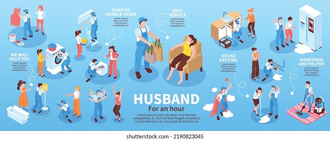 Isometric husband for an hour infographics set with men helping women in household repair vector illustration