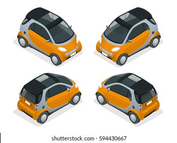 Isometric Hybrid Car. City Car Isolated On White Background. Vector Compact Smart. Vehicles Isolated.