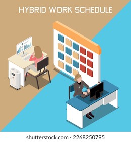 Isometric hybrid work flexible schedule concept with two employees working on computers and calendar 3d vector illustration