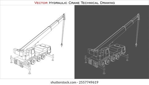 Isometric hydraulic crane vector, heavy equipment and machinery technical drawing blueprint. isolated on transparent background