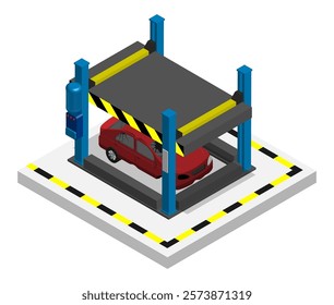 Isometric hydraulic press compresses damaged car for recycling and transportation. Preparation of unnecessary auto junk for recycling. Aerial view 3D vector isolated on white background