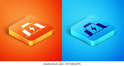 Isometric Hydroelectric dam icon isolated on orange and blue background. Water energy plant. Hydropower. Hydroelectricity.  Vector