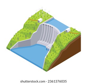 Isometric hydroelectric power station composition with isolated view of check dam with water and river banks vector illustration