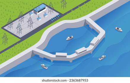 Isometric hydroelectric power station composition with outdoor scenery and ships with dam tidal and power lines vector illustration