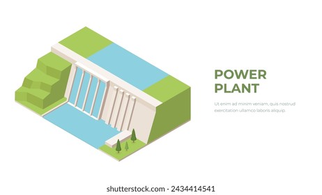 Isometric hydroelectric power station composition with isolated view of derivational unit vector illustration. Water power plant concept. Dam on transparent background.