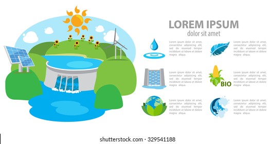 Isometric hydroelectric power station, dam, infographics