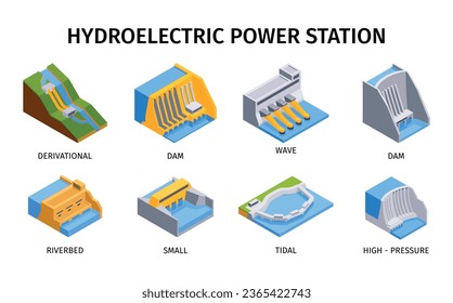 Isometric hydroelectric power station set of isolated icons with riverbed dam and tidal buildings with text vector illustration