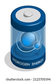 Isometric hydrogen battery for portable devices with hydrogen atom inside the flask. Energy storage in energy efficient recyclable battery. Realistic 3D vector isolated on white background