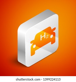 Isometric Hydrogen car icon isolated on orange background. H2 station sign. Hydrogen fuel cell car eco environment friendly zero emission. Silver square button. Vector Illustration