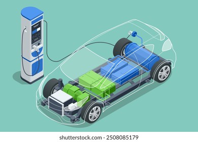 Isometric Hydrogen car schematic showing renewable H2 power source. Labeled diagram highlighting motor, battery, and PCU components for eco-friendly transport