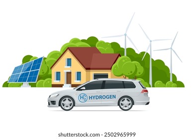 Isometric Hydrogen energy car. Alternative energy and zero emission. Hydrogen powered transportation. Green energy