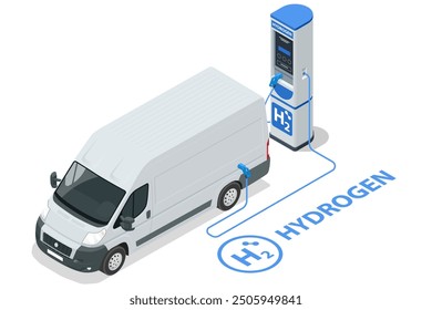 Isometric Hydrogen energy car. Alternative energy and zero emission. Hydrogen powered transportation. Green energy