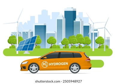 Isometric Hydrogen energy car. Smart city with wind turbines, solar panels Alternative energy and zero emission. Hydrogen powered transportation. Green energy