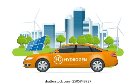 Isometric Hydrogen energy car. Smart city with wind turbines, solar panels Alternative energy and zero emission. Hydrogen powered transportation. Green energy