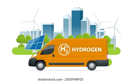 Isometric Hydrogen energy car. Smart city with wind turbines, solar panels Alternative energy and zero emission. Hydrogen powered transportation. Green energy