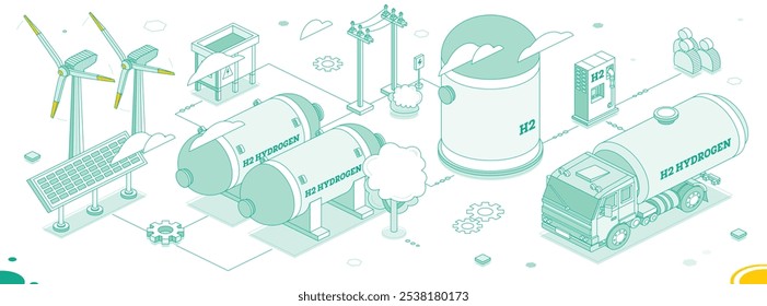 Energia isométrica de hidrogênio. Estação de eletrólise H2. Ilustração vetorial. Contornar objetos. Fábrica de hidrogênio com células solares e turbinas eólicas. Carro de caminhão com cisterna.