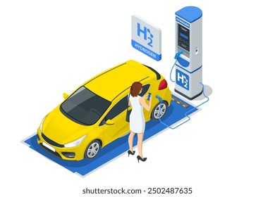 Estación de carga isométrica de vehículos de combustible de hidrógeno con dos dispensadores para vehículos H2. Transporte impulsado por hidrógeno. Energía verde