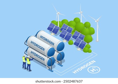 Isometric Hydrogen fuel car charging station with two dispensers for H2 vehicles. Hydrogen powered transportation. Green energy