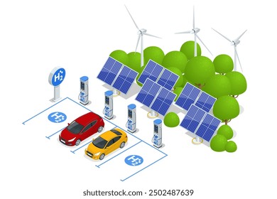 Isometric Hydrogen fuel car charging station with two dispensers for H2 vehicles. Hydrogen powered transportation. Green energy