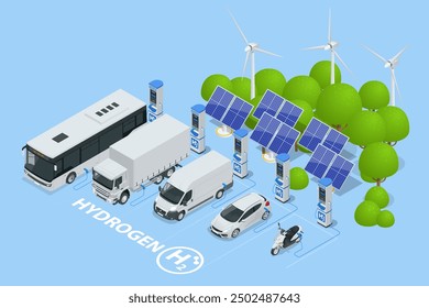 Isometric Hydrogen fuel car charging station with two dispensers for H2 vehicles. Hydrogen powered transportation. Green energy