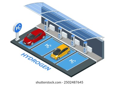 Isometric Hydrogen fuel car charging station with two dispensers for H2 vehicles. Hydrogen powered transportation. Green energy