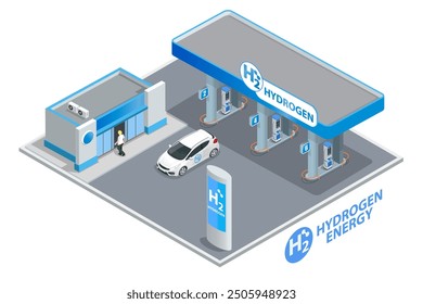 Isometric Hydrogen fuel car charging station with two dispensers for H2 vehicles. Hydrogen powered transportation. Green energy