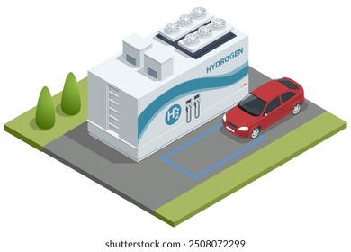 Isometric Hydrogen fuel powered transport. Hydrogen fuel car charging station with dispensers for H2 vehicles. Green energy