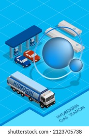 Isometric hydrogen gas station A4 vertical concept. Cargo fuel truck with tank for liquefied hydrogen transporting. Realistic 3D vector on blue background