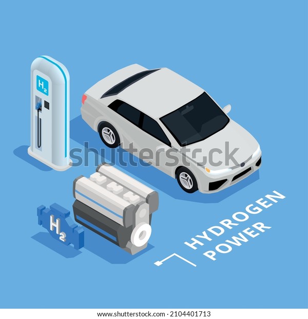 Isometric hydrogen\
refuelling station engine and car on blue background 3d isometric\
vector illustration