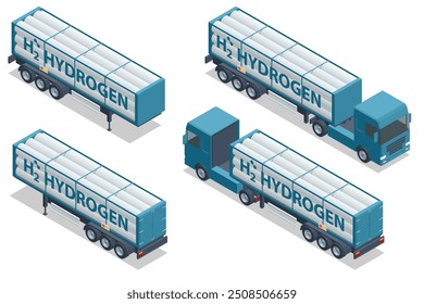 Isometric Hydrogen storage sphere and truck. Isometric Hydrogen fuel car charging station with two dispensers for H2 vehicles. Transportation of hydrogen fuel tank