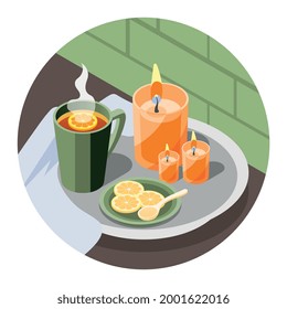 Isometric hygge lifestyle round composition with hot lemon tea and burning candles 3d vector illustration