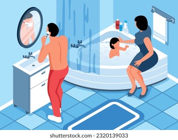 Isometric hygiene composition with human characters of shaving man and woman giving a bath to child vector illustration