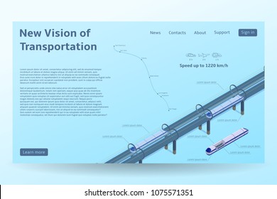 Isometric Hyperloop transport concept banner. Vector illustration with future transportation and the fastest trains. Futuristic high-speed transport concept.