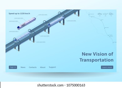 Isometric Hyperloop transport concept. Vector illustration with future transportation and the fastest trains. Futuristic high-speed transport concept.