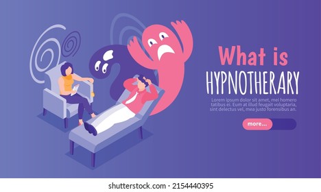 Isometric hypnosis therapy horizontal banner with patient telling his dreams to phychoanalyst vector illustration
