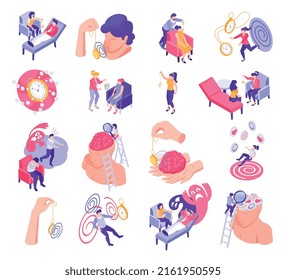 Isometric hypnosis therapy icons set with phychoanalyst patients on couch isolated vector illustration