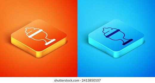Isometric Ice cream in the bowl icon isolated on orange and blue background. Sweet symbol.  Vector