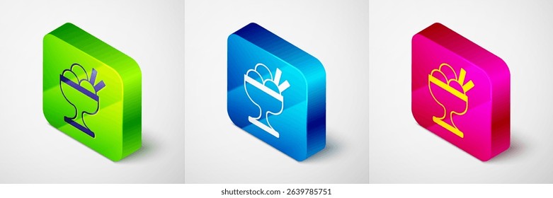 Isometric Ice cream in the bowl icon isolated on grey background. Sweet symbol. Square button. Vector