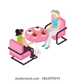 Isometric ice cream cafe composition with purple chairs and two women sitting at table vector illustration