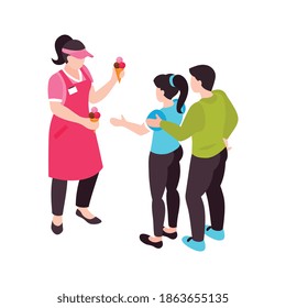 Composición de helados isométricos de café con vendedor uniforme y par de compradores ilustración vectorial