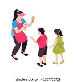 Isometric ice cream cafe composition with pair of kids taking icecream from female seller vector illustration