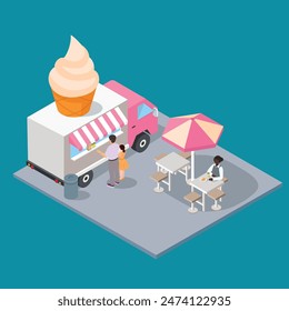 Isometric Ice cream Café Food Truck Delivery Master. Comida callejera 